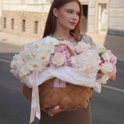 Кошик з троянд, орхідеї, гортензій, еустоми та додатків