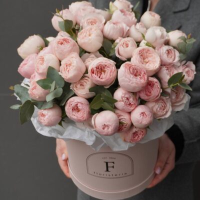 Композиція в коробці з евкаліпту та кущової троянди Mansfield Park