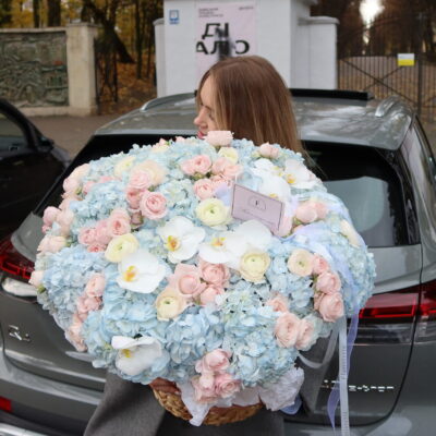 Композиція в кошику з гортензій, троянд, ранункулюсів та орхідей