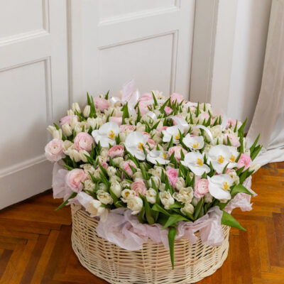 Розкішна композиція з тюльпанів, ранункулюсів та білосніжних орхідей