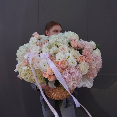Кошик з міксу гортензій, троянд та еустоми