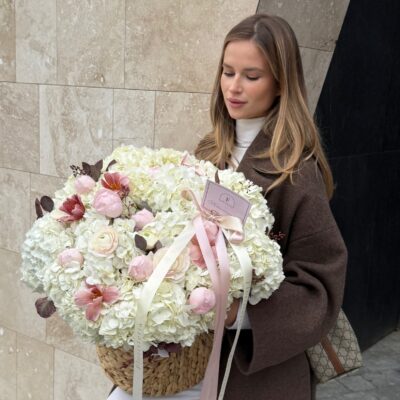 Композиція в плетеному кошику  з гортензій, троянд, ранункулюсів, тюльпанів та евкаліпту